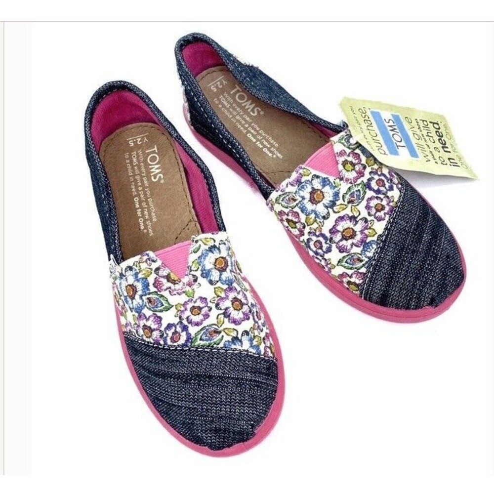 Toms Classic Slip On Shoes Floral & Denim Hippie Boho Spring School Youth 2.5